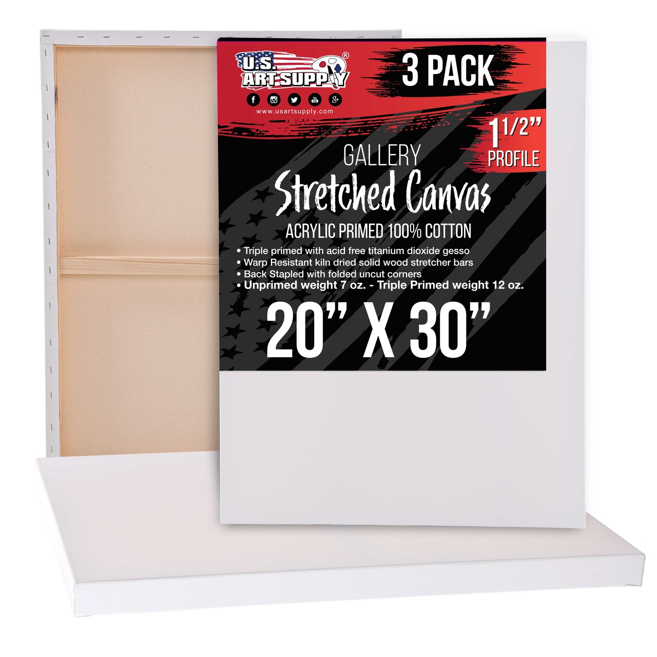 Large Stretched Canvas for Painting 20x30 inch Gallery Depth 1-1/2" Thick, 3-Pack - 12oz Acrylic Gesso Triple Primed, Professional Artist Quality, 100% Cotton - Oil, Pouring Paint